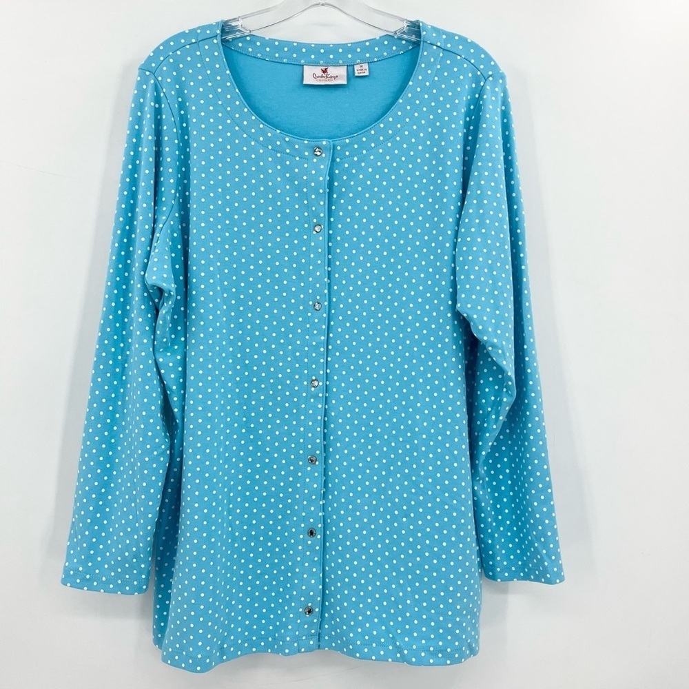 Quacker Factory Blue Polka Dot Buttoned Knit Top … - image 1